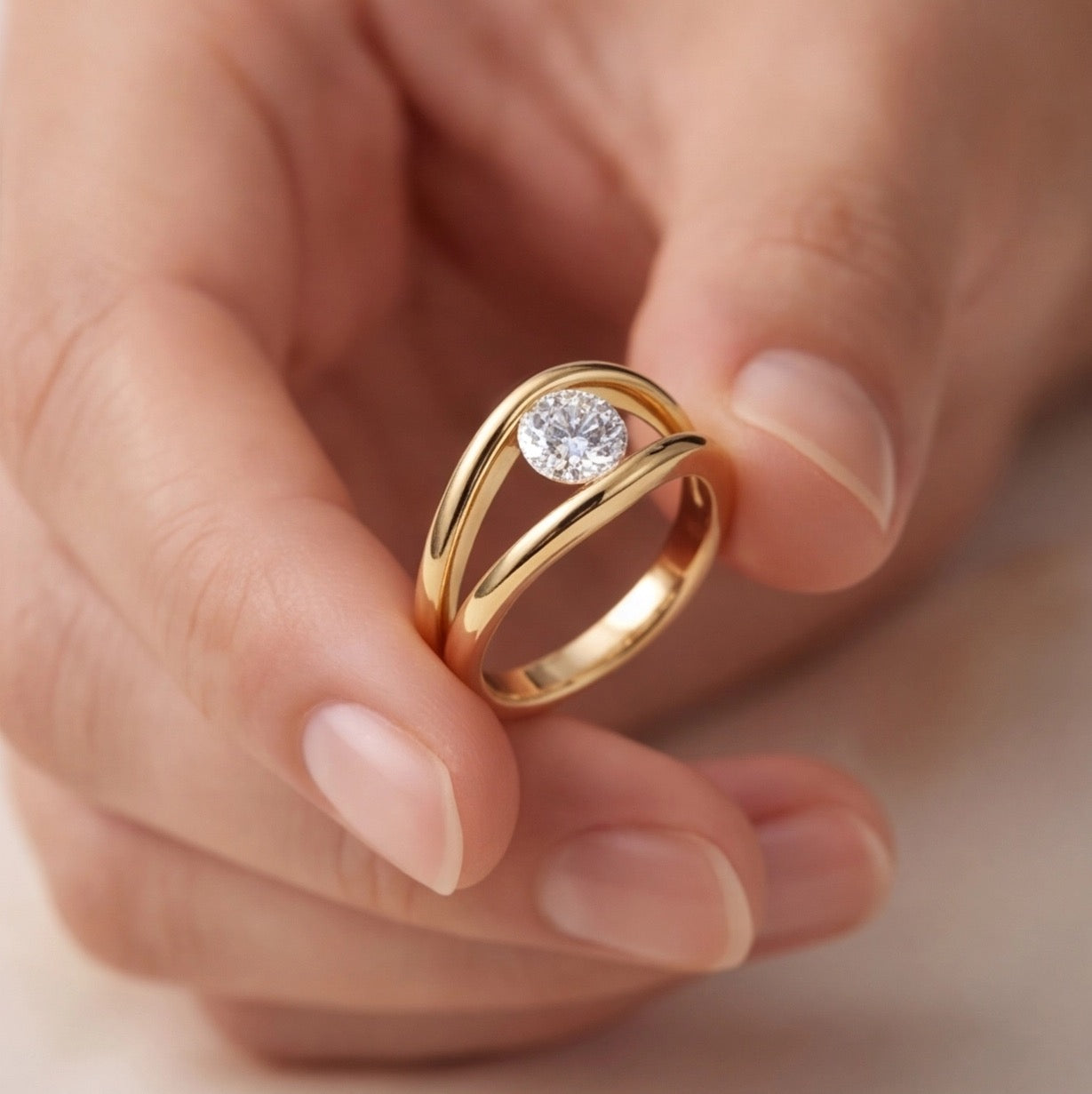Onde Round Lab Diamond Ring on Double-Rail Bypass Band in Yellow Gold My Store