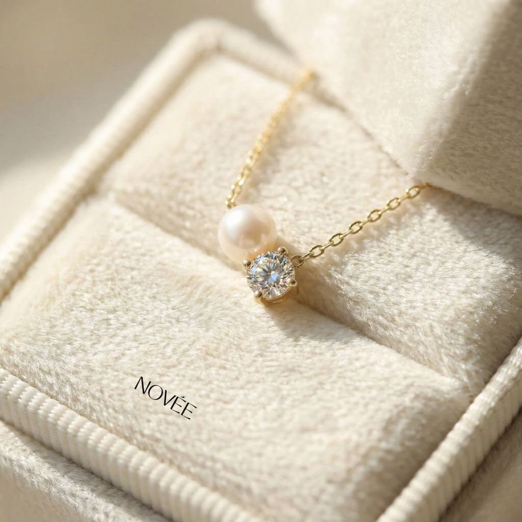 Pearl & Diamond Pendant Necklace in Yellow Gold Minimalist Two-Stone Drop Necklace