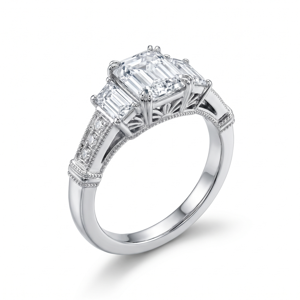 Trinité Emerald Cut Lab Grown Diamond Three-Stone Engagement Ring in White Gold My Store