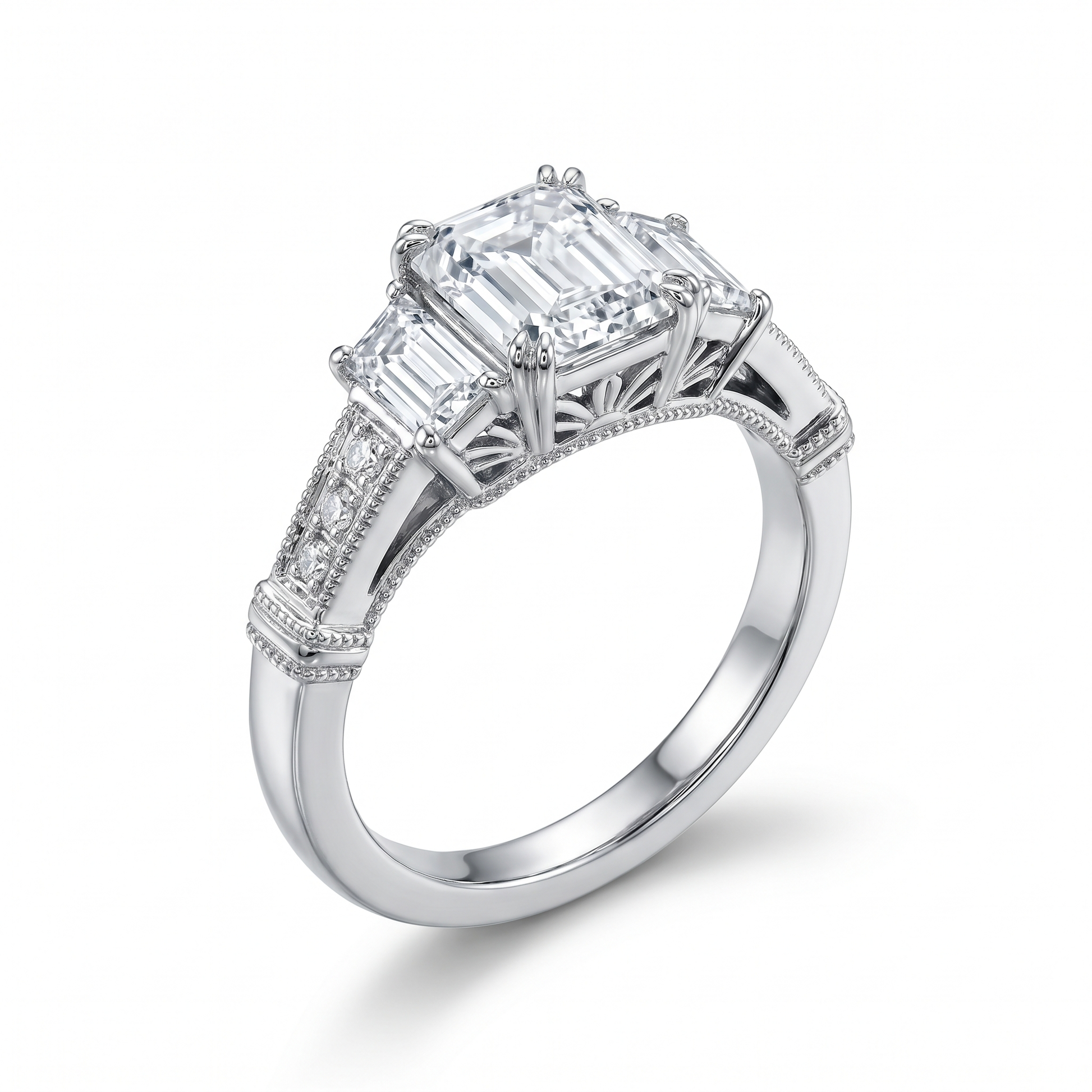 Trinité Emerald Cut Lab Grown Diamond Three-Stone Engagement Ring in White Gold My Store