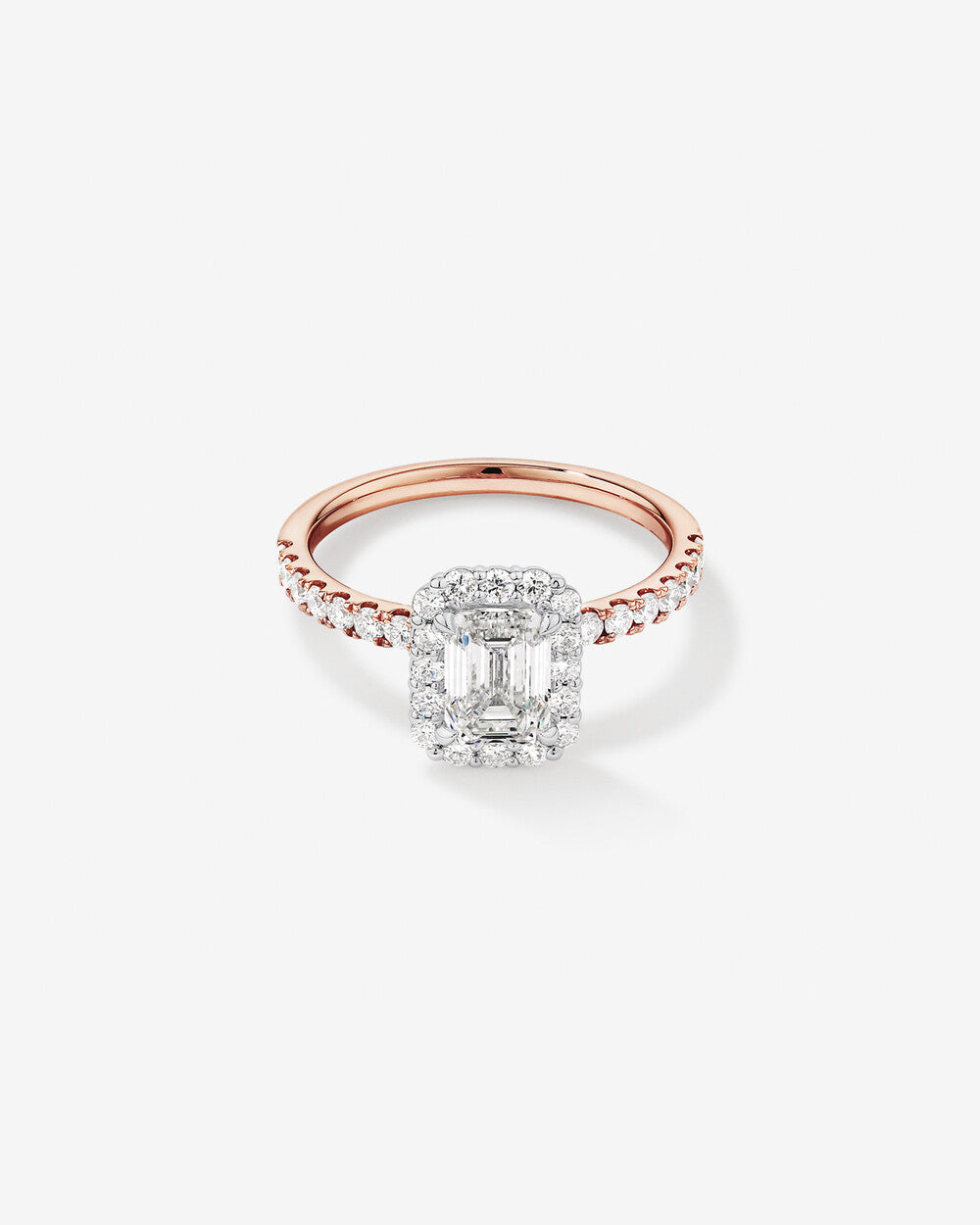 Celestial Emerald-Cut Halo Lab Diamond Ring in Rose Gold
