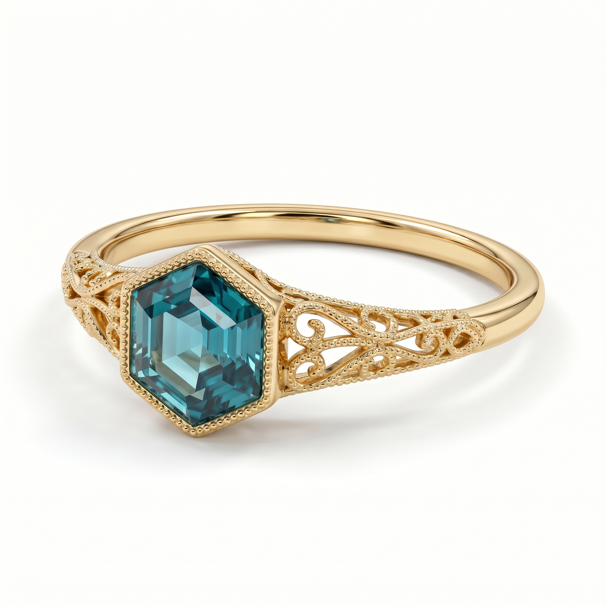 Ondine Hexagon Step Cut Teal Blue-Green Lab Sapphire Ring in Yellow Gold My Store