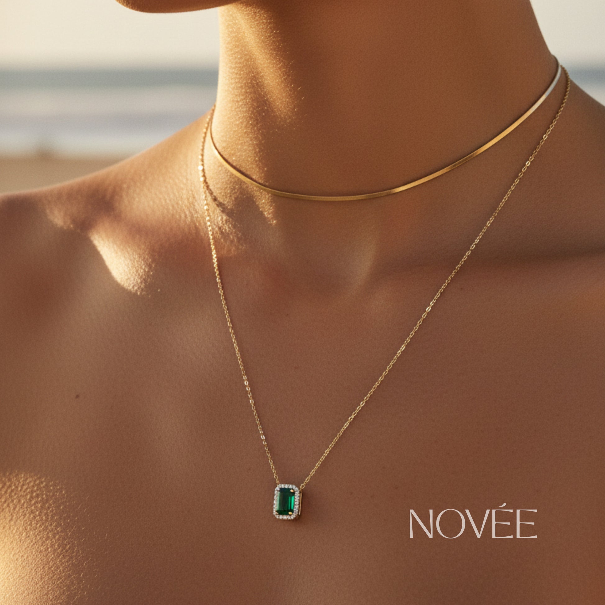 Emerald Green Halo Necklace & Stud Earrings Set in 18K Gold Diamond Halo Jewellery Gift Set