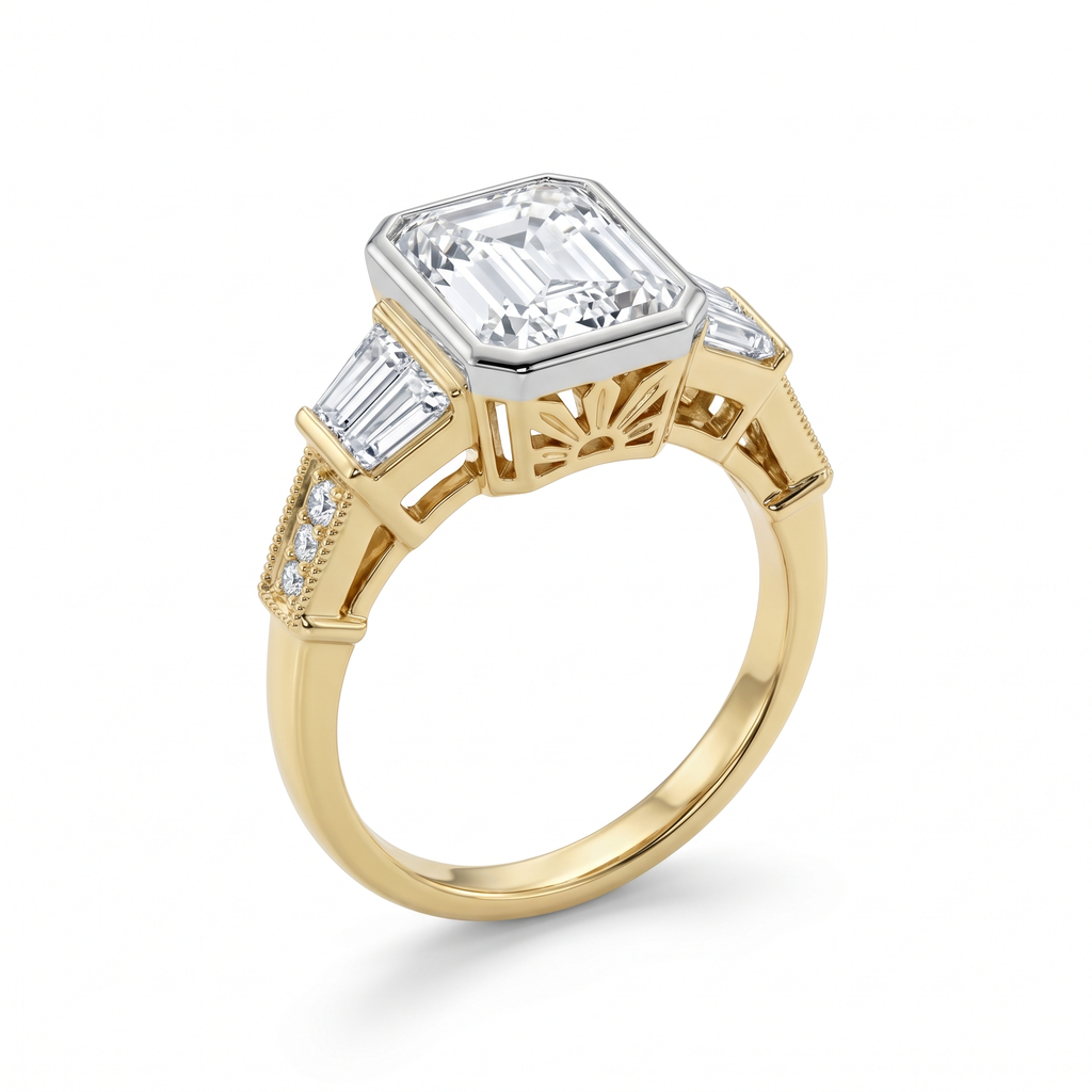 Aurore Emerald Cut Lab Grown Diamond Engagement Ring Art Deco bezel setting in Yellow Gold My Store