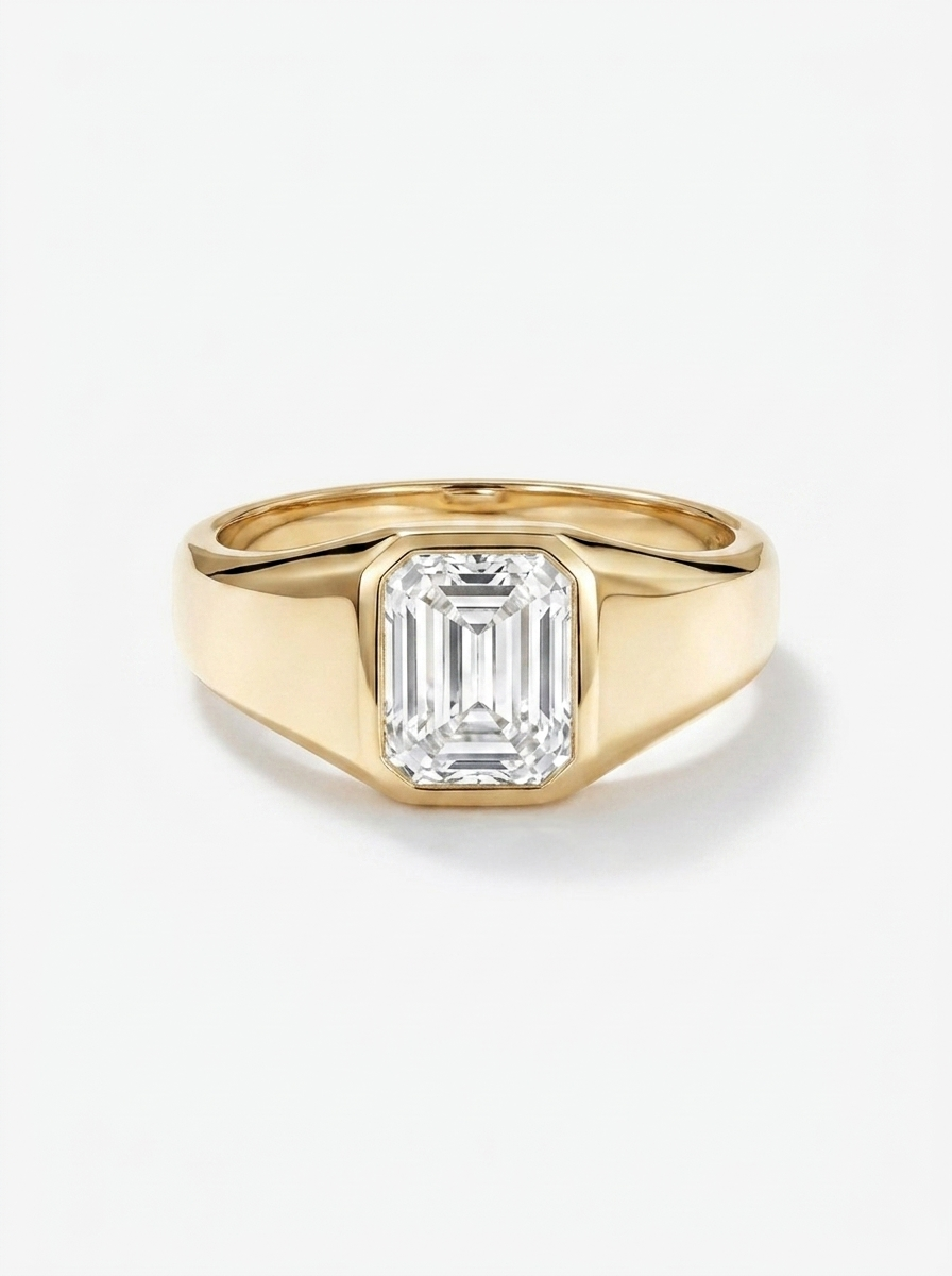 Sceau Emerald Cut Lab Grown Diamond Signet Ring in Yellow Gold My Store