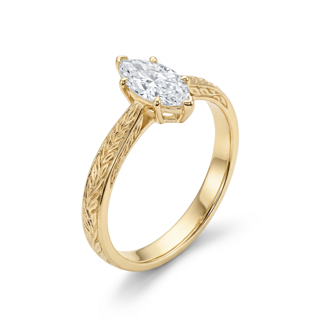 Laurier Marquise Lab Diamond Ring on Leaf-Engraved Band in Yellow Gold My Store