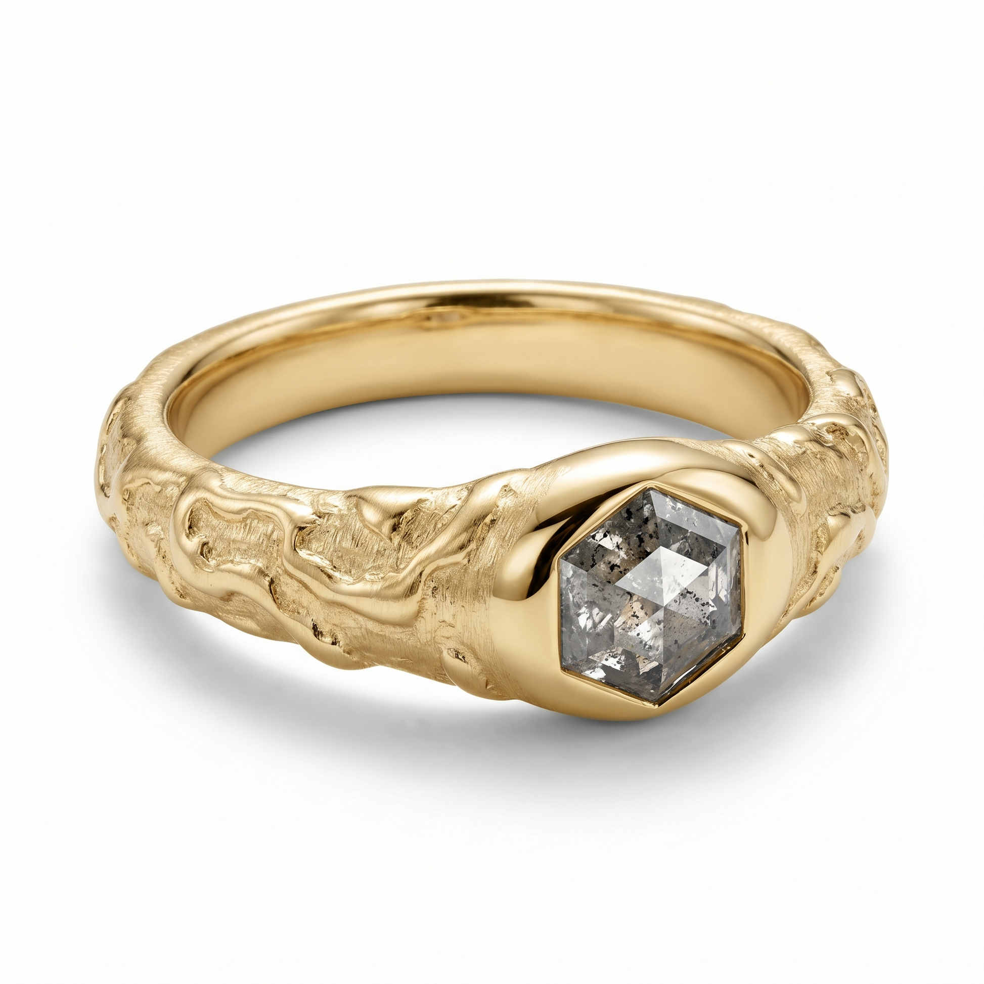 Brume Hexagonal Salt & Pepper Diamond Ring in Yellow Gold My Store