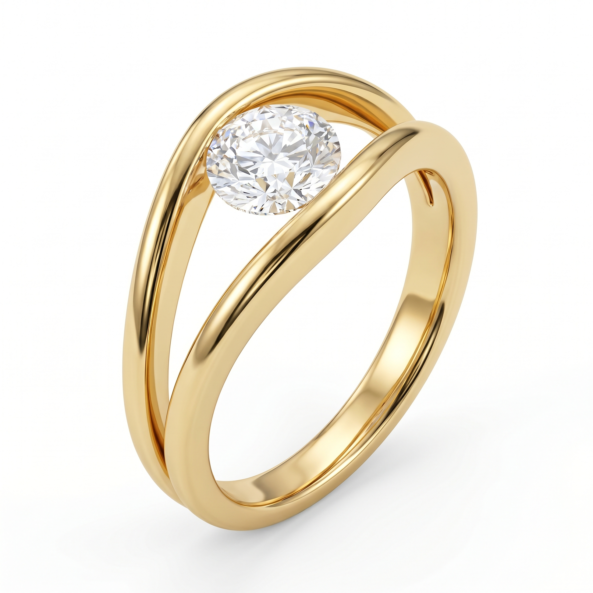 Onde Round Lab Diamond Ring on Double-Rail Bypass Band in Yellow Gold My Store