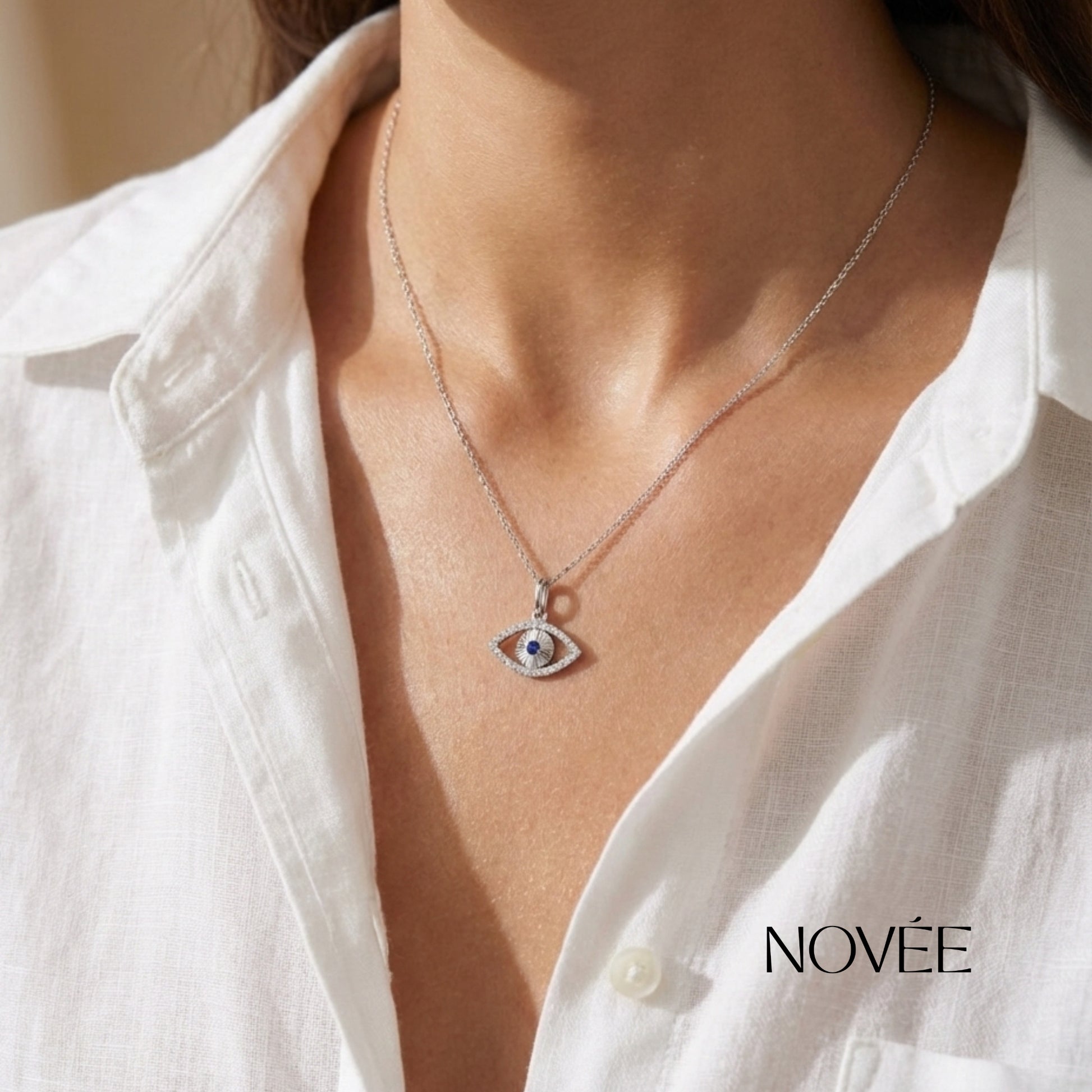 Evil Eye Diamond Pendant in White Gold with Blue Gemstone Protection Amulet Charm