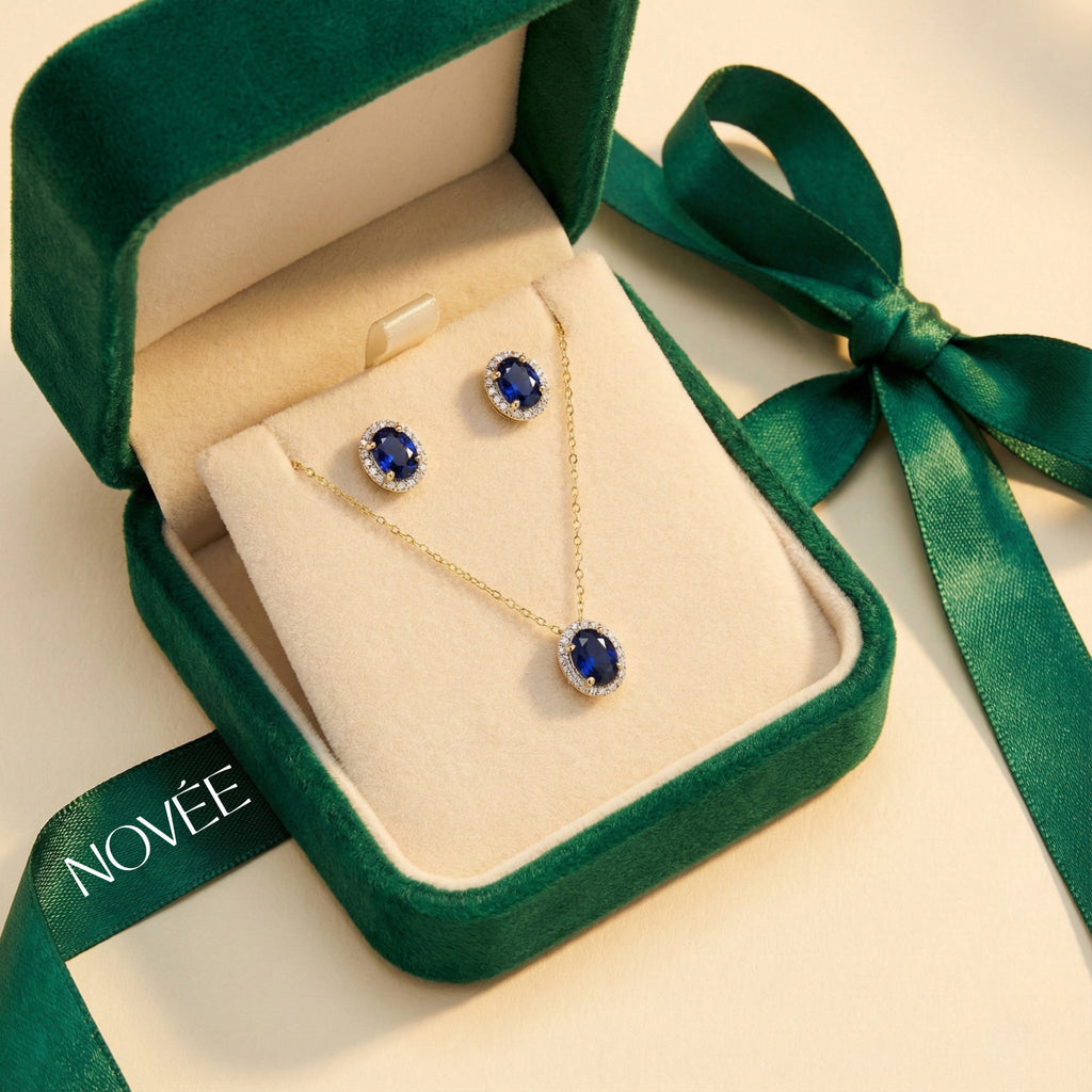 Blue Sapphire Halo Necklace & Stud Earrings Set in 18K Gold Diamond Halo Jewellery Gift Set