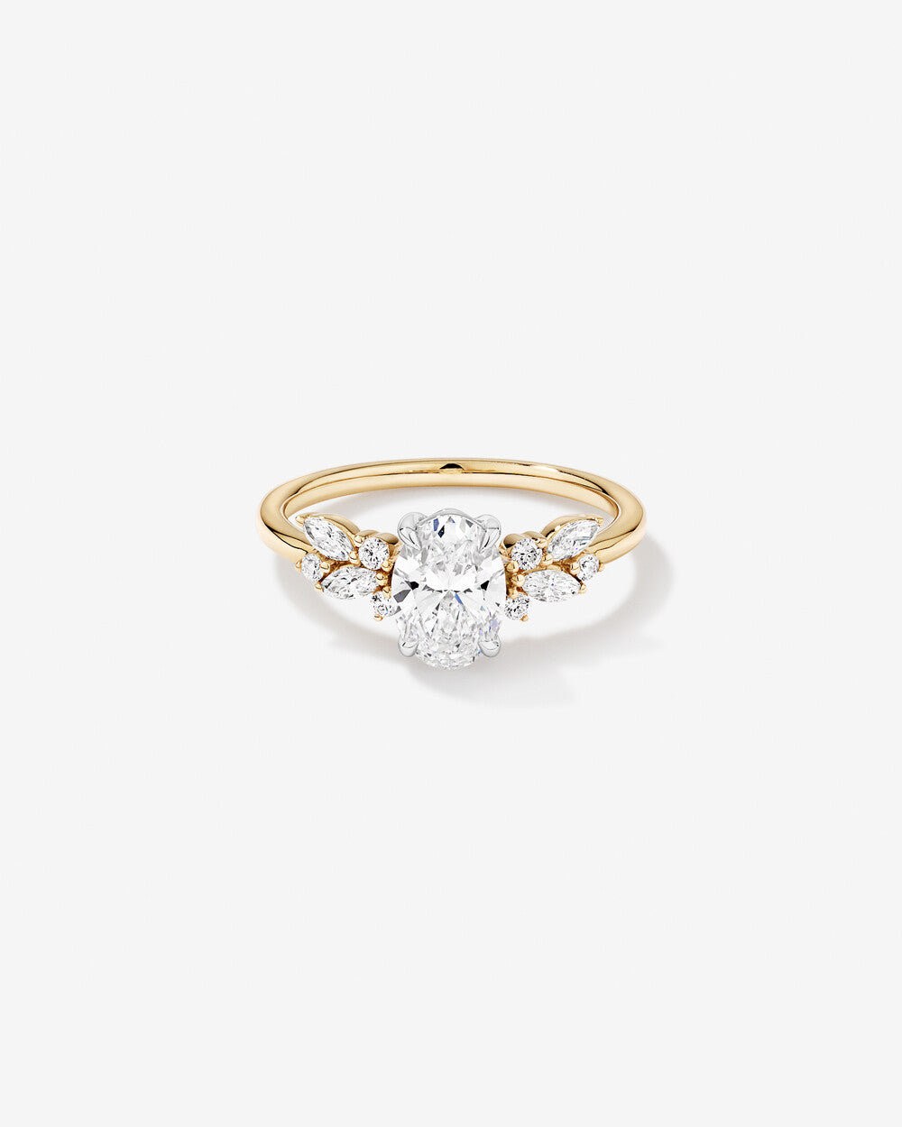 Oval Diamond Floral Cluster Ring in Yellow Gold Marquise & Round Accent Stones
