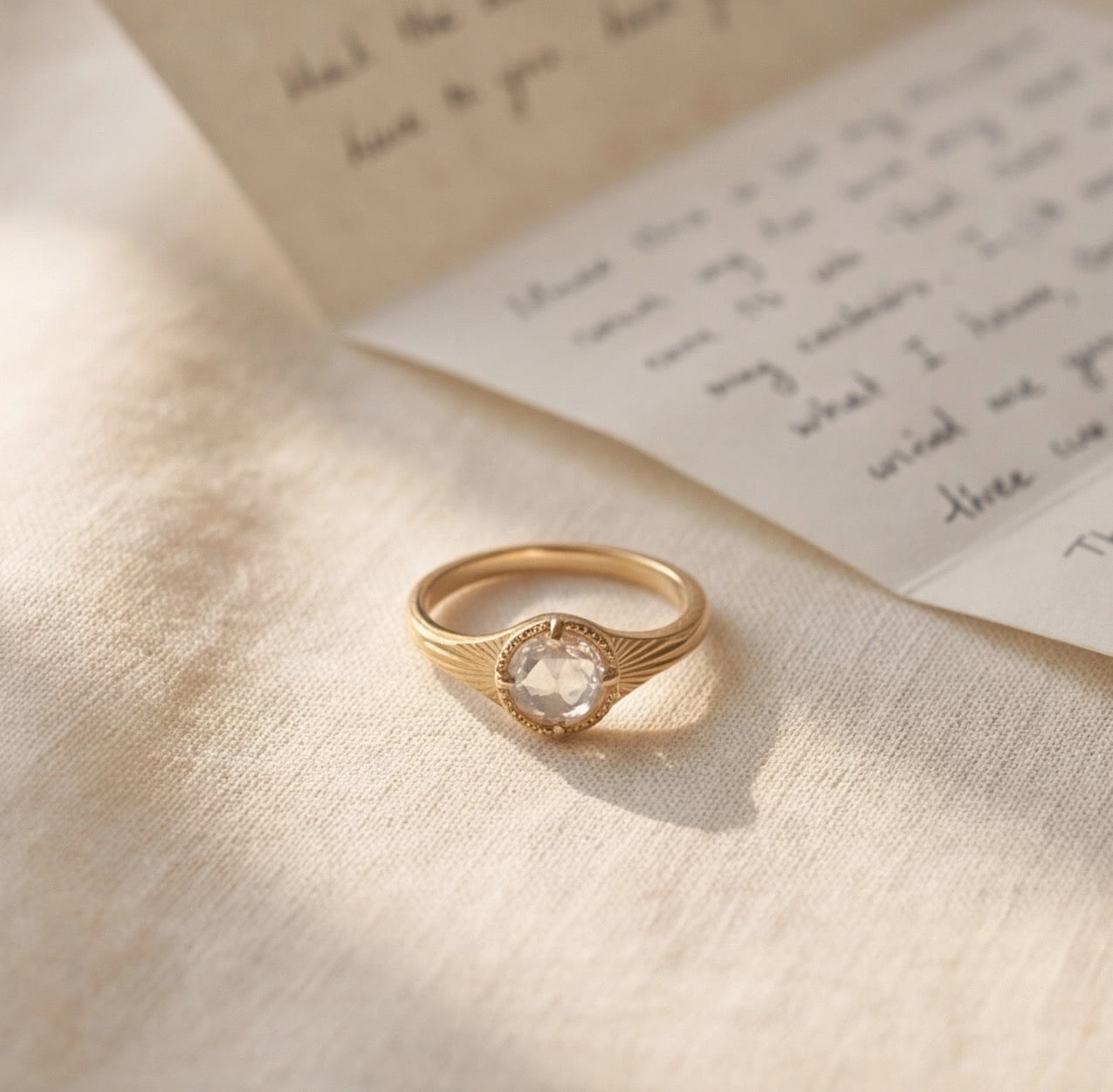 Soleil Rose Cut Lab Diamond Ring with Sunburst Band in Yellow Gold My Store