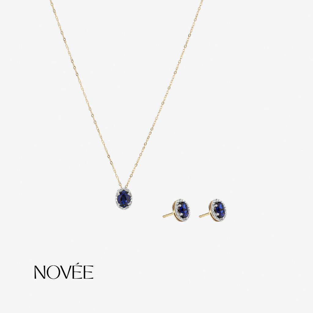 Blue Sapphire Halo Necklace & Stud Earrings Set in 18K Gold Diamond Halo Jewellery Gift Set