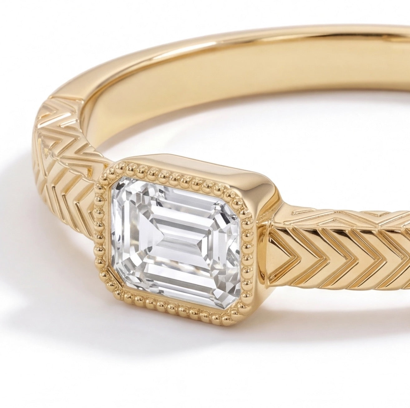 Flèche Emerald Cut Lab Grown Diamond Chevron Engraved Ring in Yellow Gold My Store