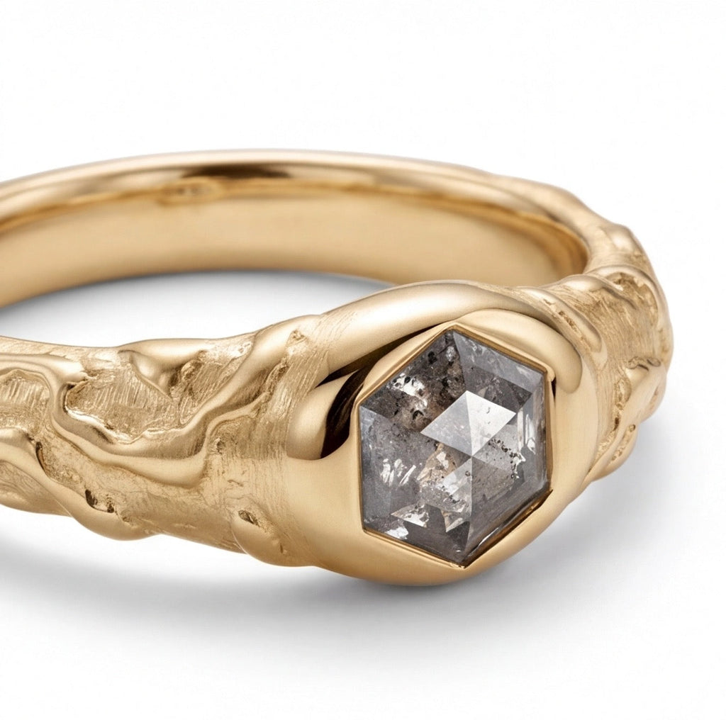 Brume Hexagonal Salt & Pepper Diamond Ring in Yellow Gold My Store