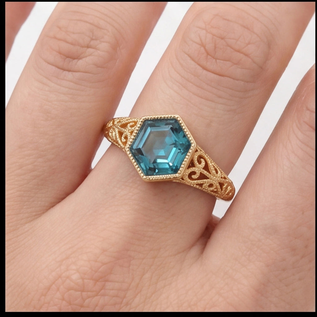 Ondine Hexagon Step Cut Teal Blue-Green Lab Sapphire Ring in Yellow Gold My Store