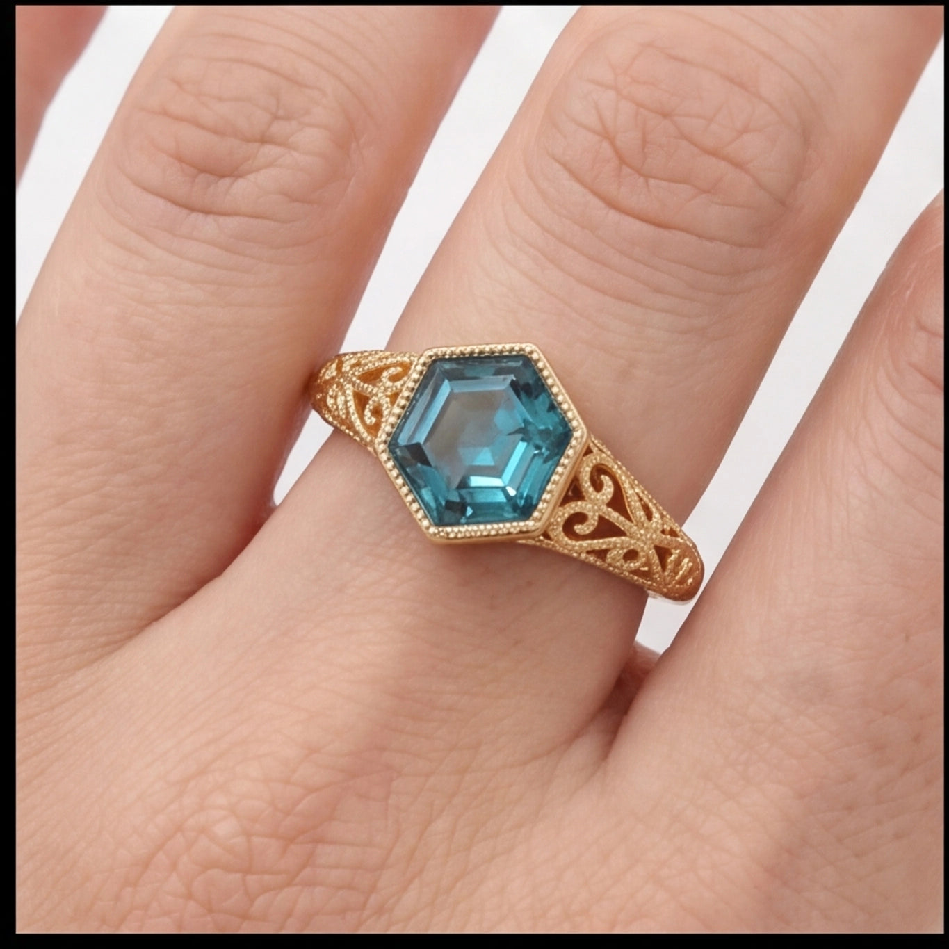 Ondine Hexagon Step Cut Teal Blue-Green Lab Sapphire Ring in Yellow Gold My Store