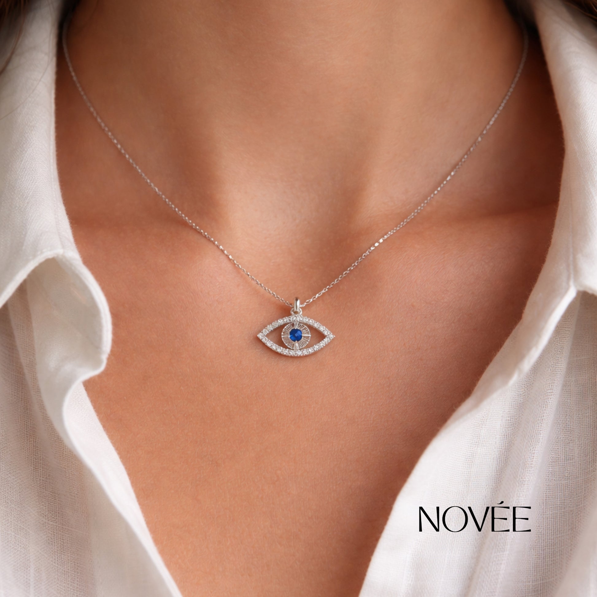 Evil Eye Diamond Pendant in White Gold with Blue Gemstone Protection Amulet Charm