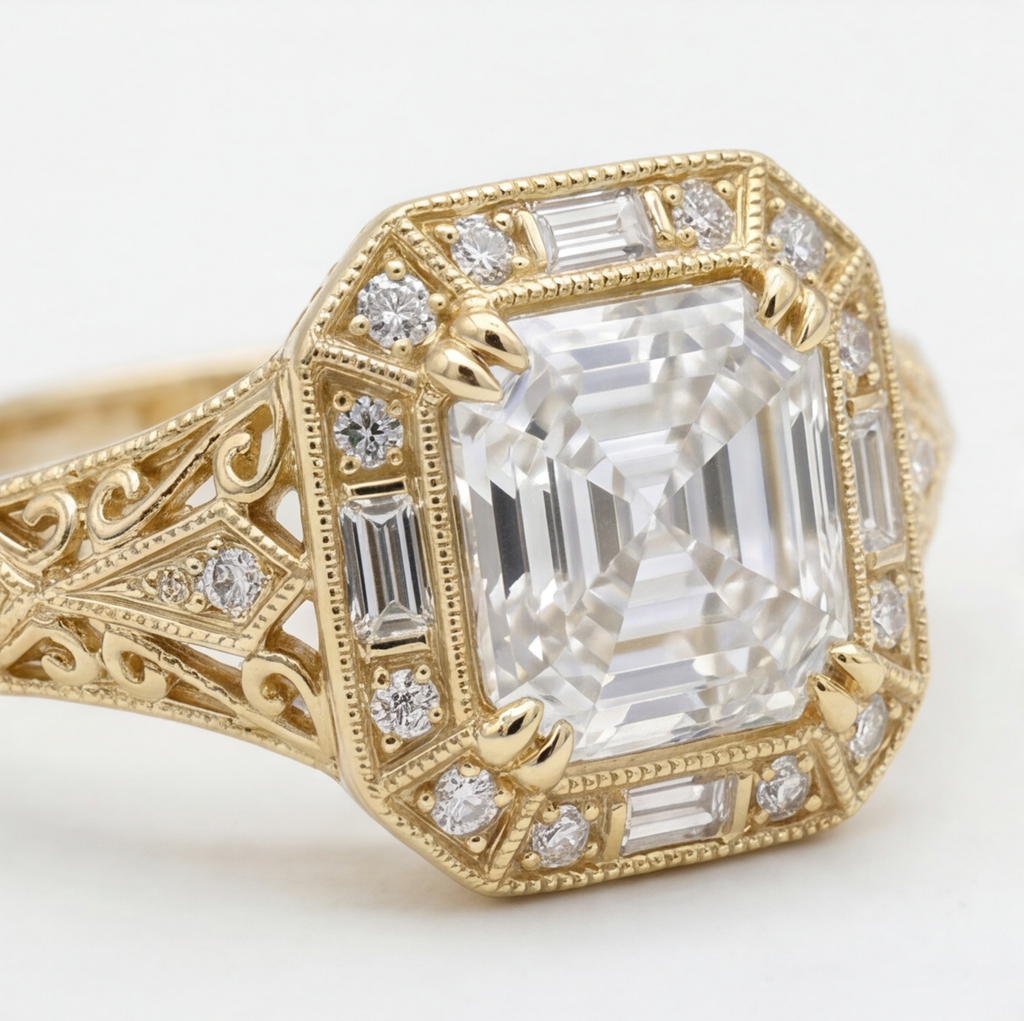 Prisme Asscher Cut Lab Grown Diamond Halo Ring in Yellow Gold My Store