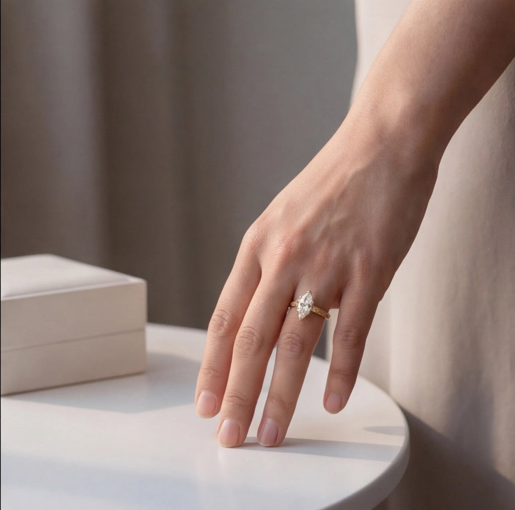 Laurier Marquise Lab Diamond Ring on Leaf-Engraved Band in Yellow Gold My Store