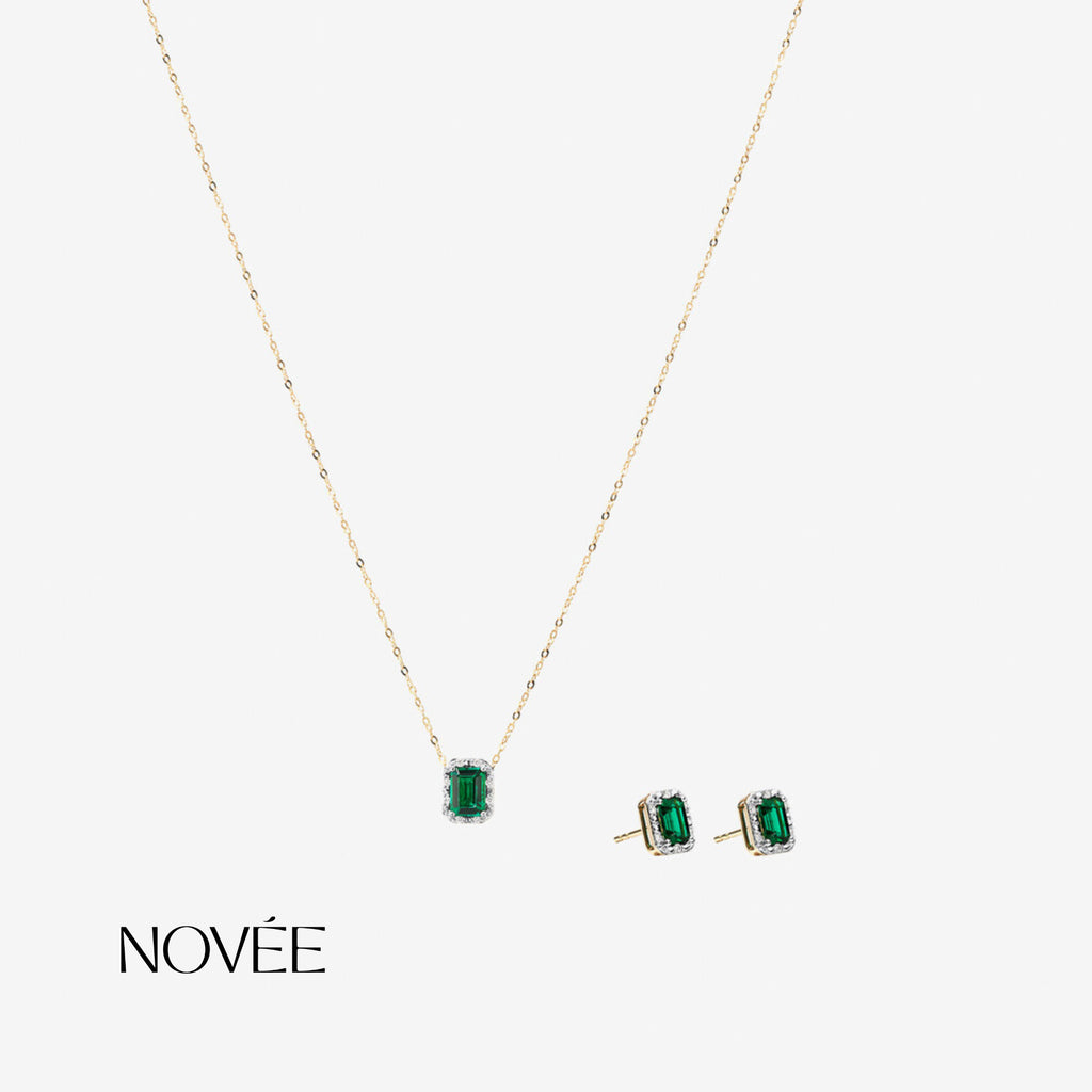 Emerald Green Halo Necklace & Stud Earrings Set in 18K Gold Diamond Halo Jewellery Gift Set