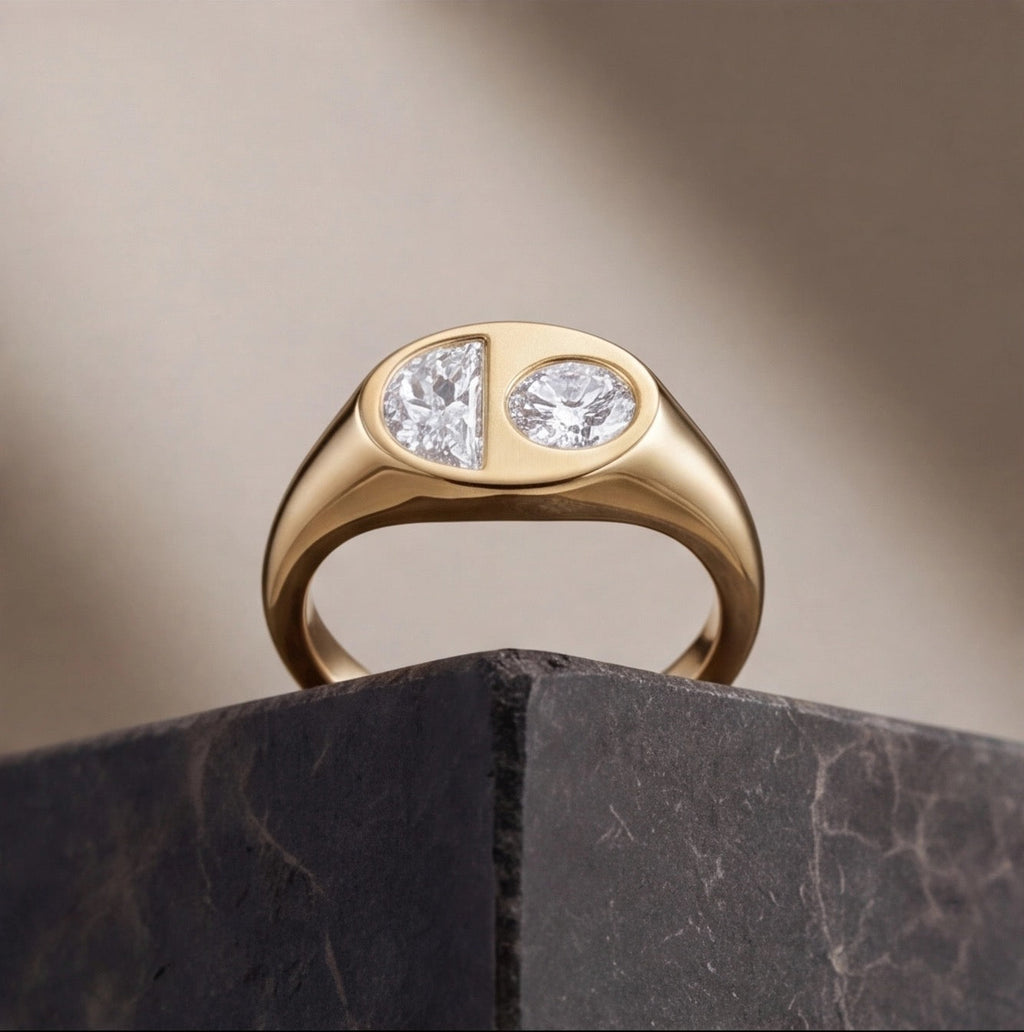 Eclipse Round Brilliant and Half Moon Lab Diamond Two-Stone Ring in Yellow Gold My Store