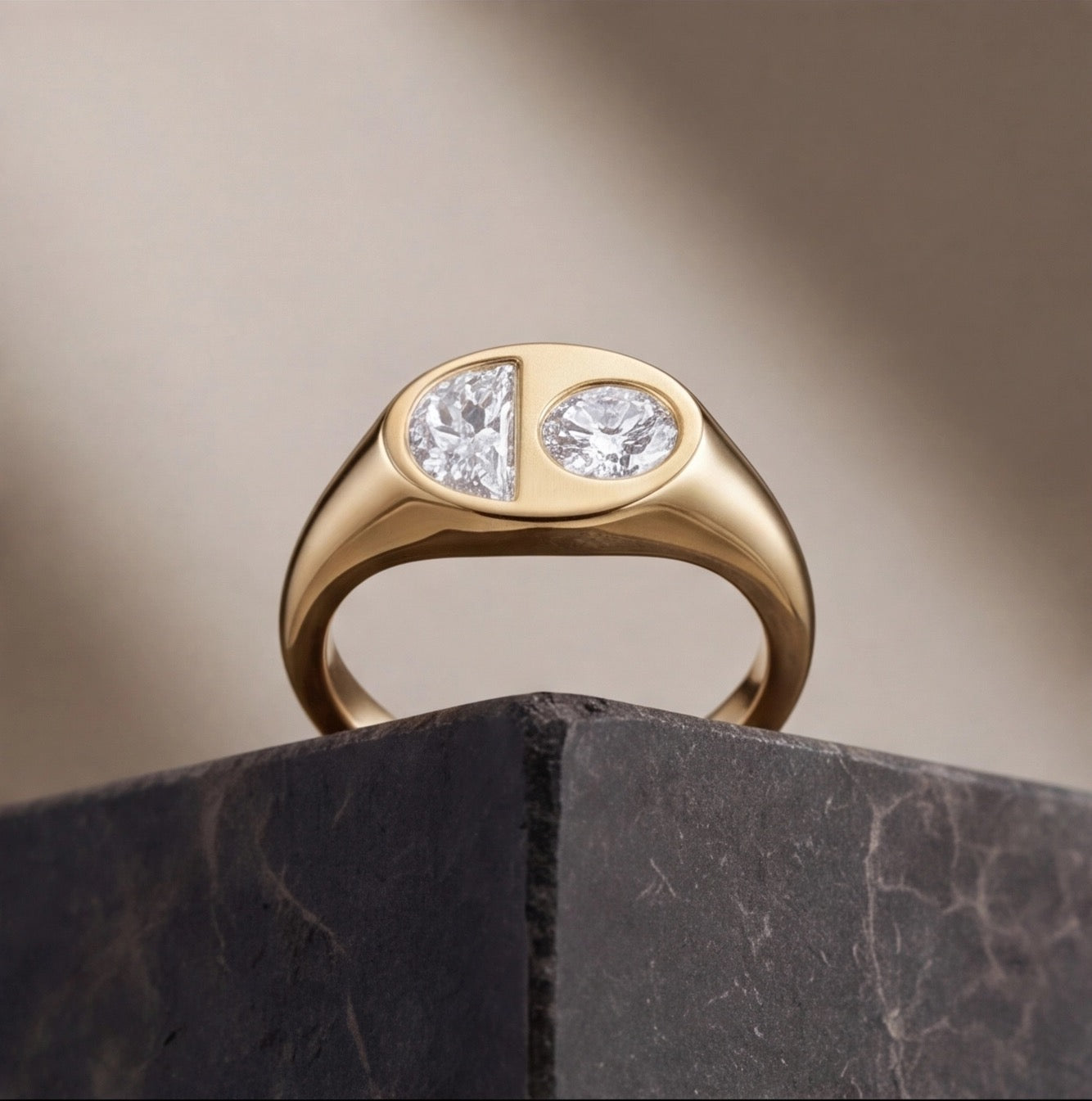 Eclipse Round Brilliant and Half Moon Lab Diamond Two-Stone Ring in Yellow Gold My Store