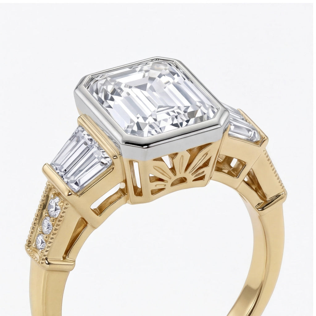 Aurore Emerald Cut Lab Grown Diamond Engagement Ring Art Deco bezel setting in Yellow Gold My Store