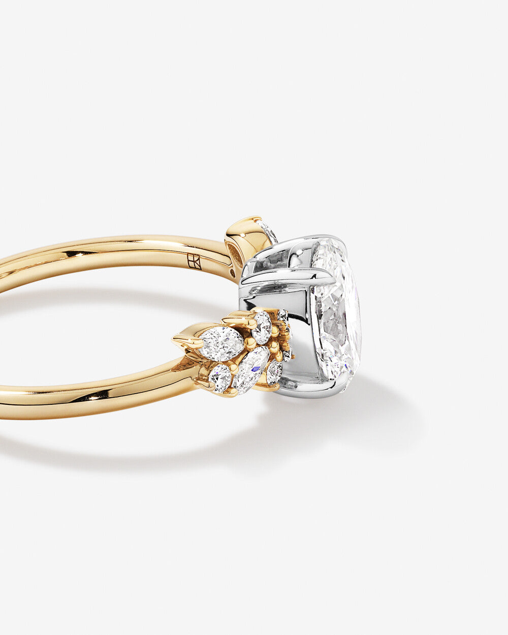 Oval Diamond Floral Cluster Ring in Yellow Gold Marquise & Round Accent Stones