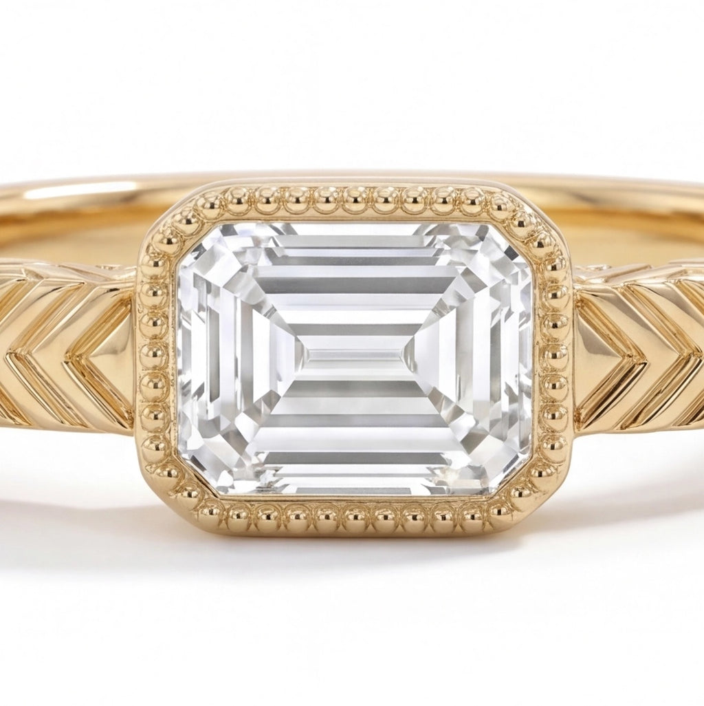 Flèche Emerald Cut Lab Grown Diamond Chevron Engraved Ring in Yellow Gold My Store