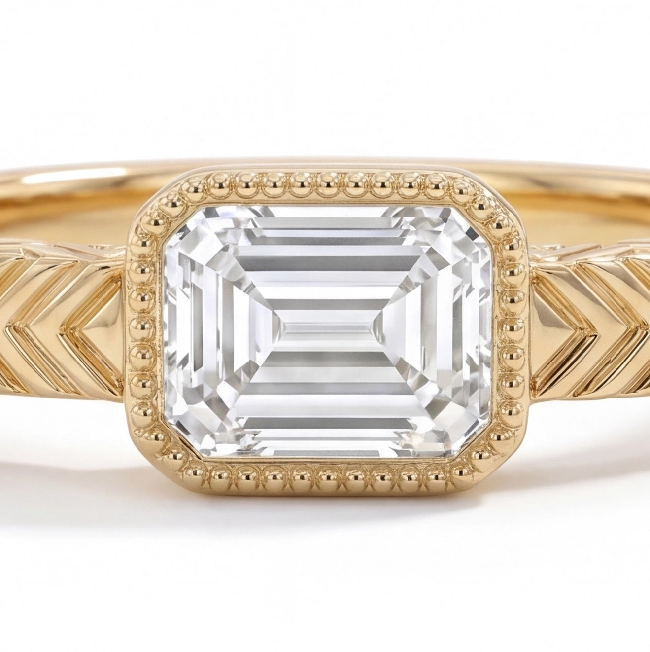 Flèche Emerald Cut Lab Grown Diamond Chevron Engraved Ring in Yellow Gold My Store