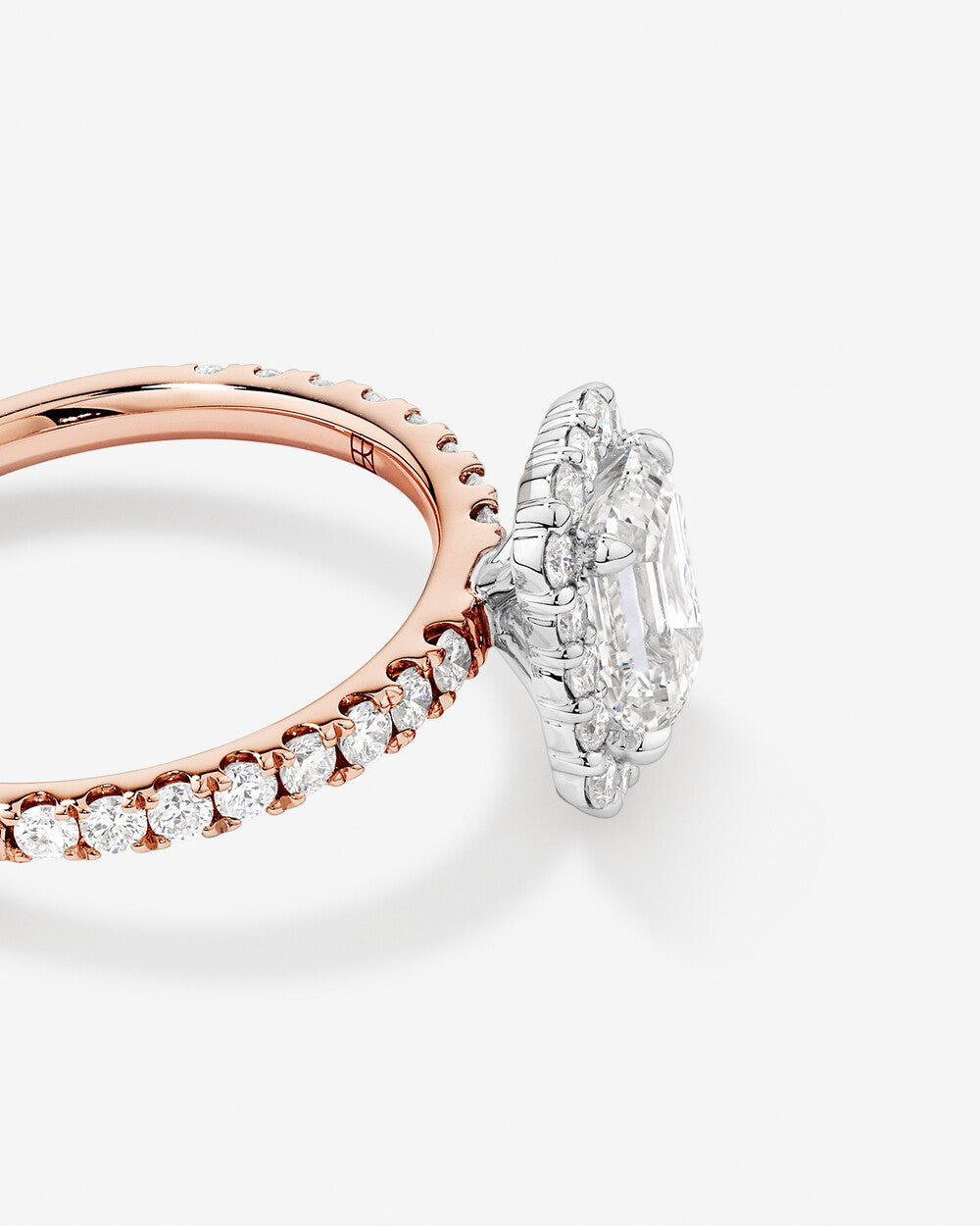 Celestial Emerald-Cut Halo Lab Diamond Ring in Rose Gold