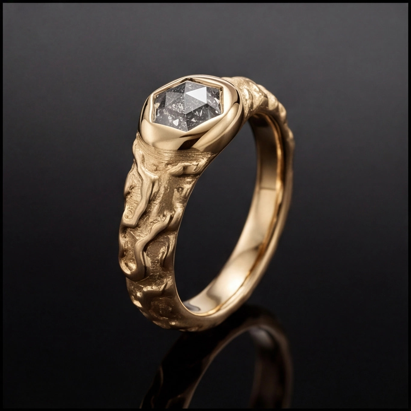 Brume Hexagonal Salt & Pepper Diamond Ring in Yellow Gold My Store