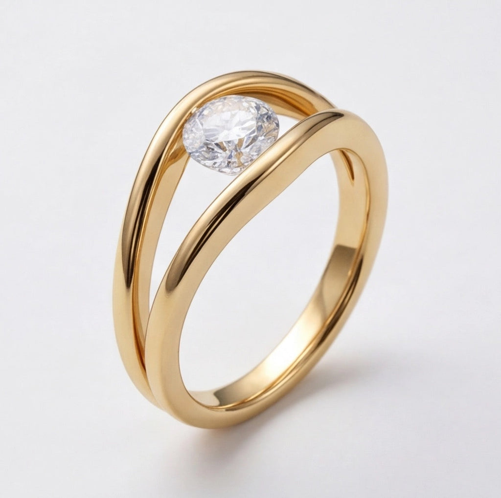Onde Round Lab Diamond Ring on Double-Rail Bypass Band in Yellow Gold My Store