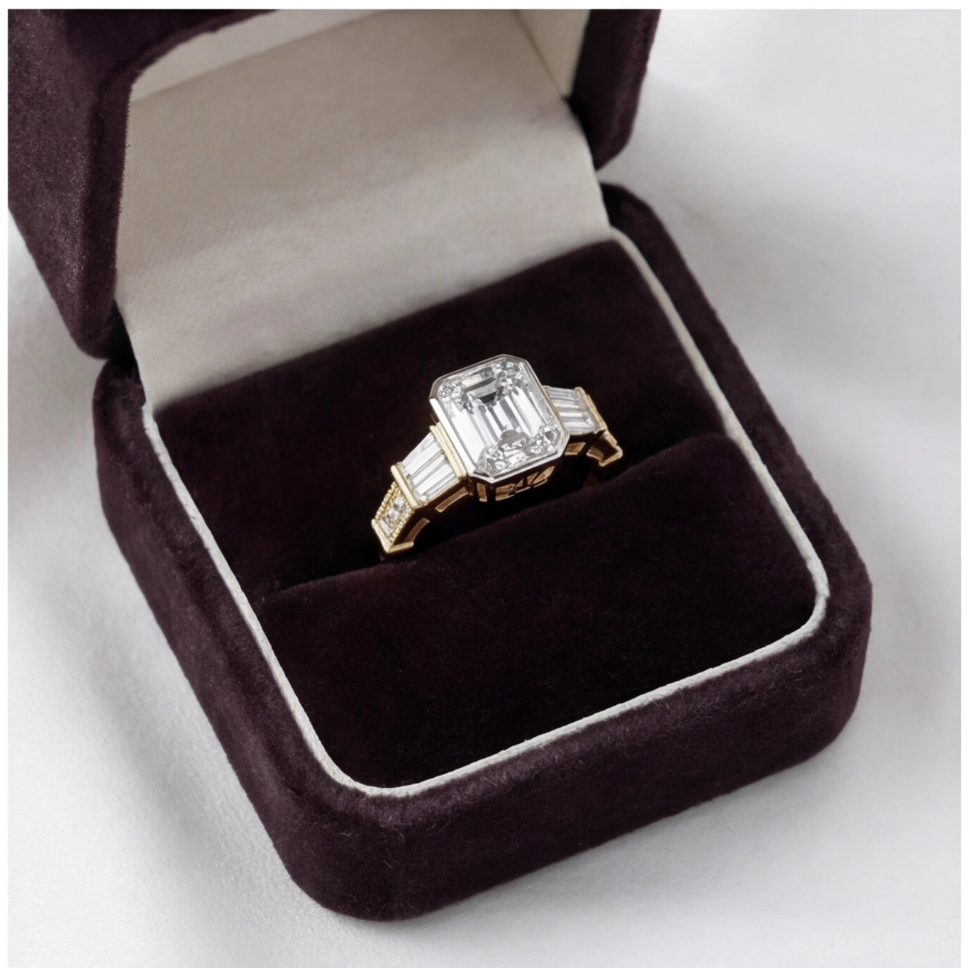 Aurore Emerald Cut Lab Grown Diamond Engagement Ring Art Deco bezel setting in Yellow Gold My Store