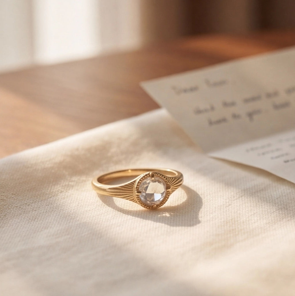 Soleil Rose Cut Lab Diamond Ring with Sunburst Band in Yellow Gold My Store