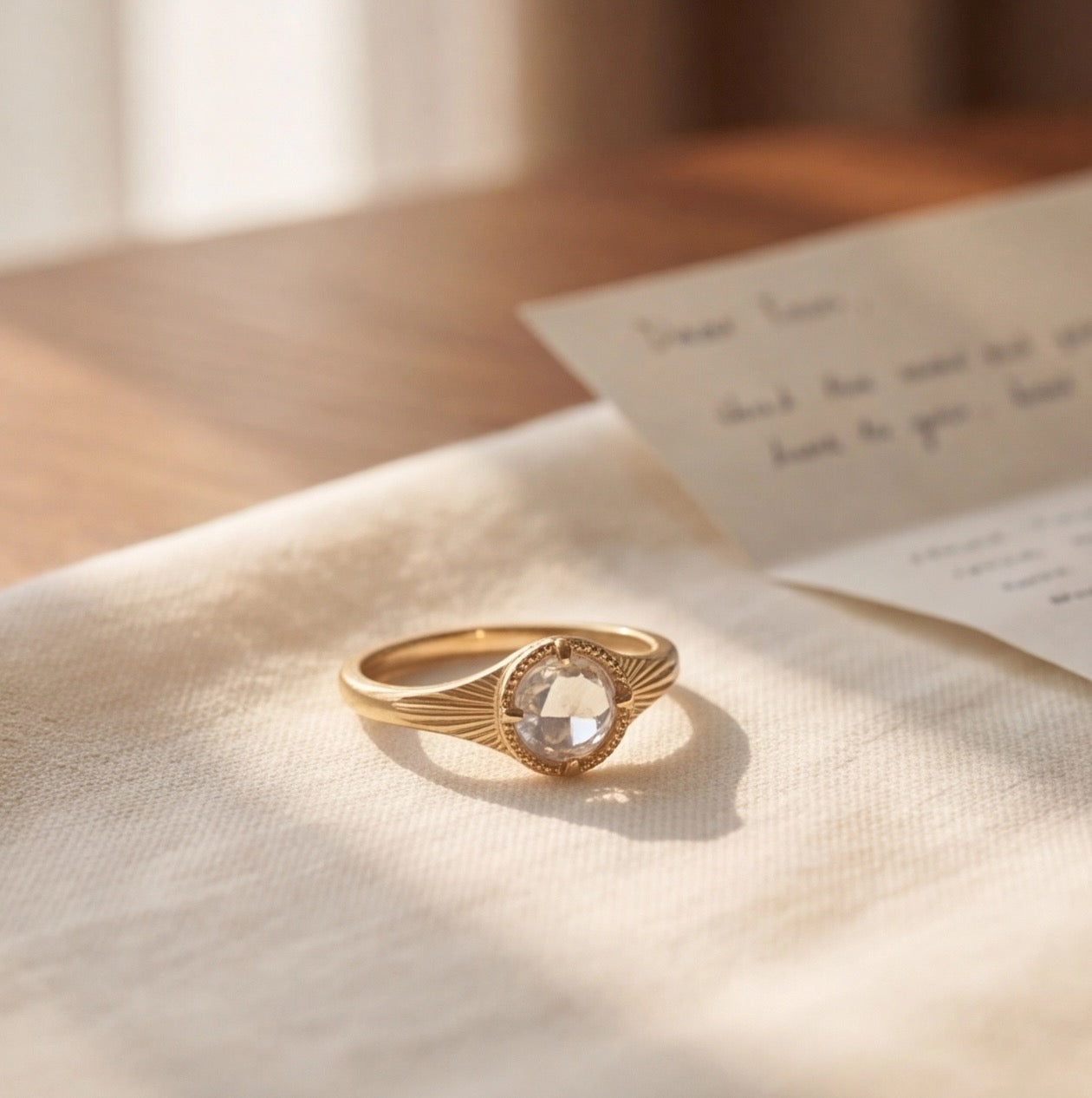 Soleil Rose Cut Lab Diamond Ring with Sunburst Band in Yellow Gold My Store