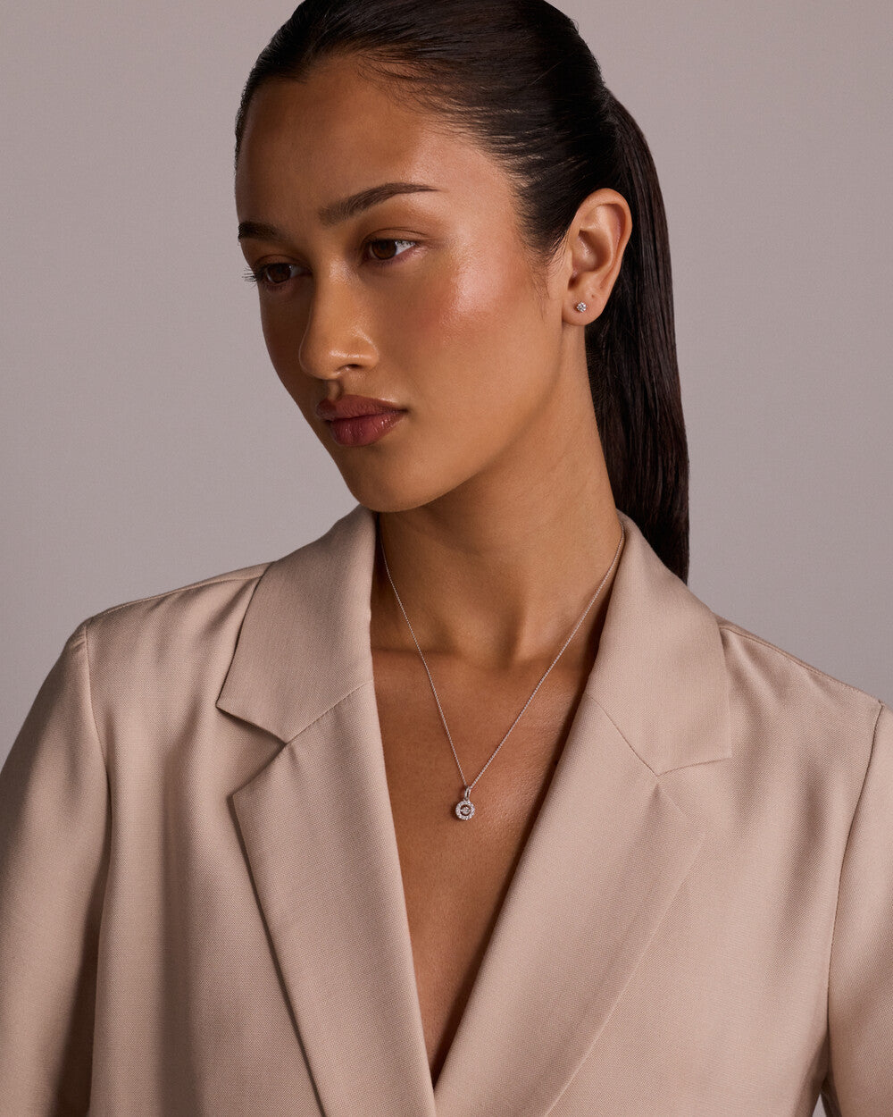 White Gold Halo Lab-Grown Diamond Necklace & Stud Earrings Set