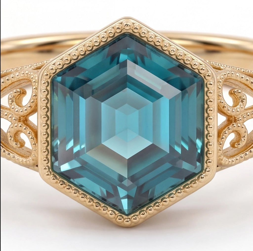 Ondine Hexagon Step Cut Teal Blue-Green Lab Sapphire Ring in Yellow Gold My Store