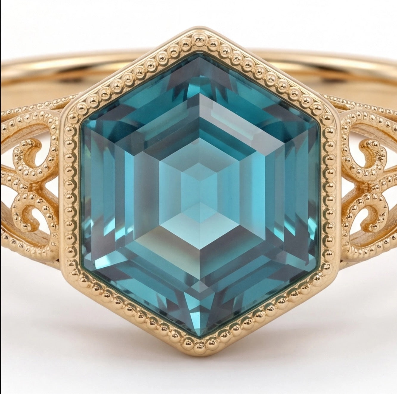 Ondine Hexagon Step Cut Teal Blue-Green Lab Sapphire Ring in Yellow Gold My Store