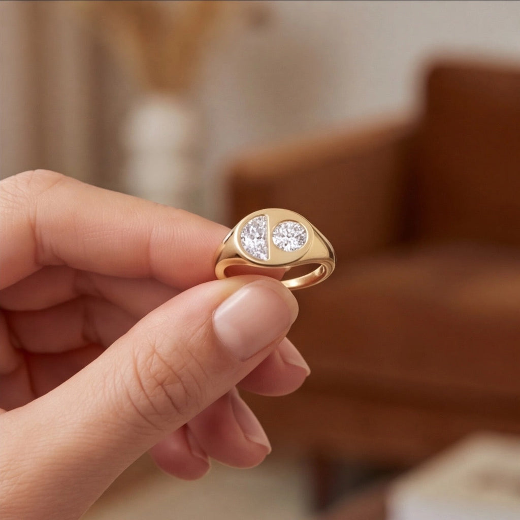 Eclipse Round Brilliant and Half Moon Lab Diamond Two-Stone Ring in Yellow Gold My Store