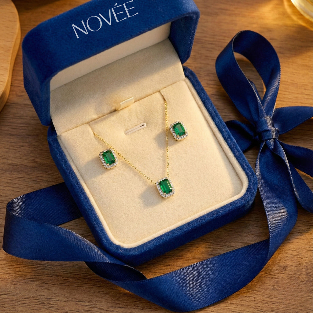 Emerald Green Halo Necklace & Stud Earrings Set in 18K Gold Diamond Halo Jewellery Gift Set