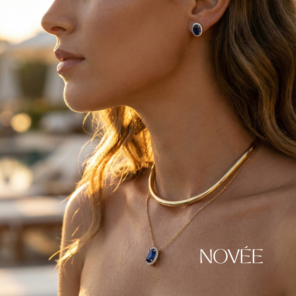 Blue Sapphire Halo Necklace & Stud Earrings Set in 18K Gold Diamond Halo Jewellery Gift Set