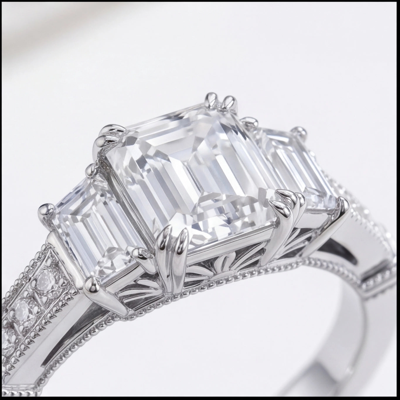 Trinité Emerald Cut Lab Grown Diamond Three-Stone Engagement Ring in White Gold My Store