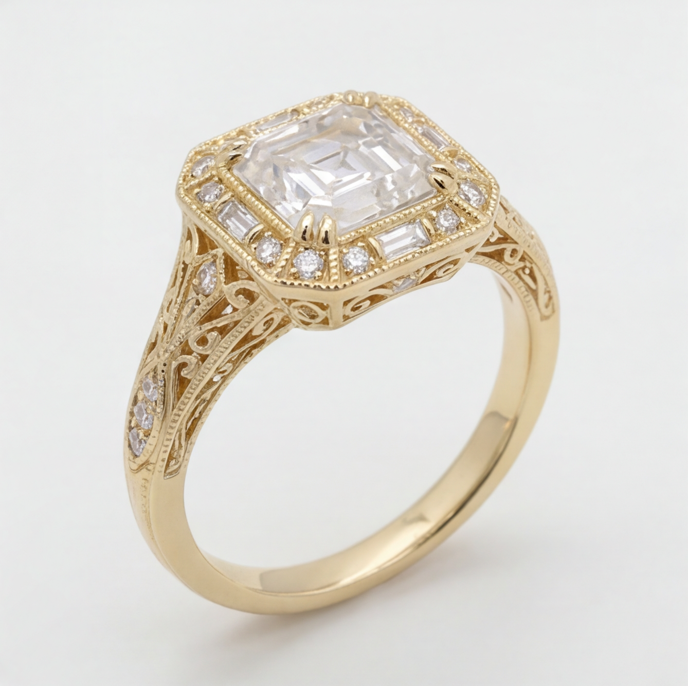 Prisme Asscher Cut Lab Grown Diamond Halo Ring in Yellow Gold My Store