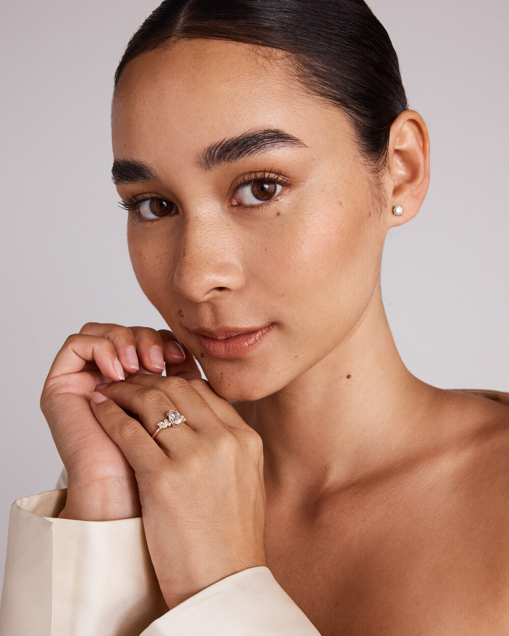 Oval Diamond Floral Cluster Ring in Yellow Gold Marquise & Round Accent Stones