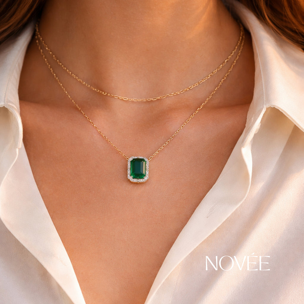 Emerald Green Halo Necklace & Stud Earrings Set in 18K Gold Diamond Halo Jewellery Gift Set