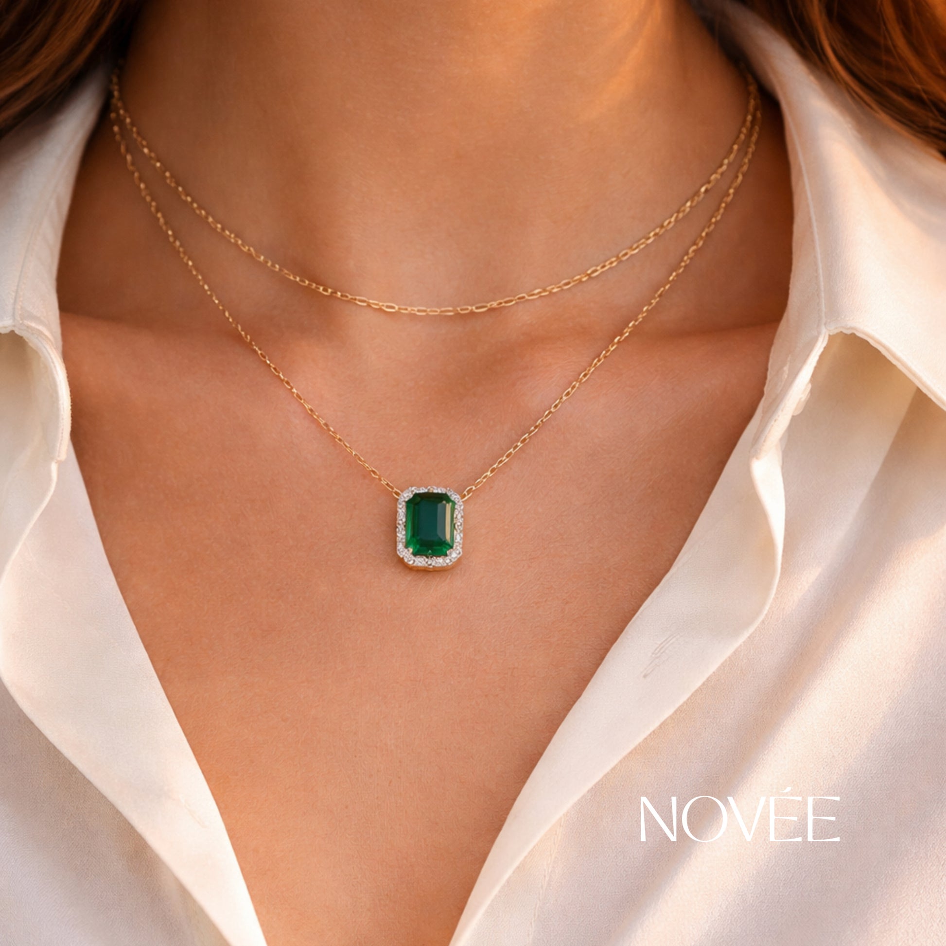 Emerald Green Halo Necklace & Stud Earrings Set in 18K Gold Diamond Halo Jewellery Gift Set