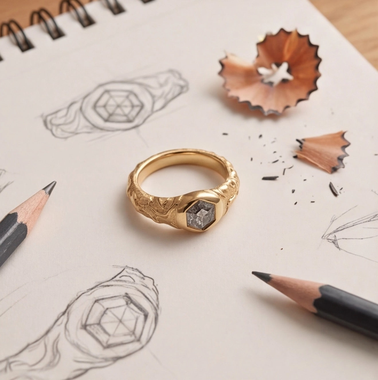 Brume Hexagonal Salt & Pepper Diamond Ring in Yellow Gold My Store