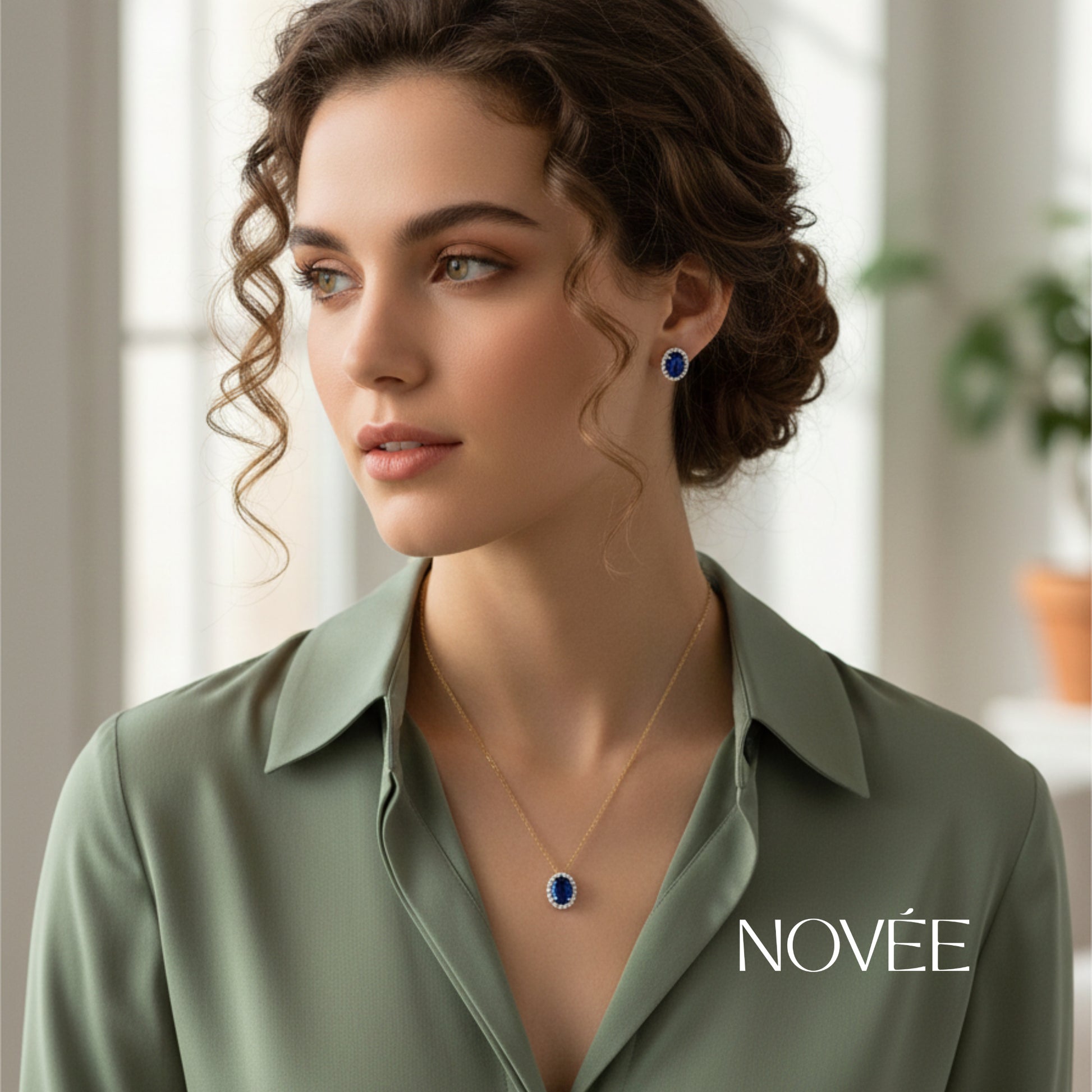 Blue Sapphire Halo Necklace & Stud Earrings Set in 18K Gold Diamond Halo Jewellery Gift Set